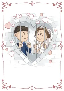 Bride and groom smile behind heart-shaped bars inside a romantic border of pink hearts design.