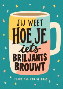 Kleurrijke illustratie van een grote koffiemok met de tekst over iets briljants brouwen voor Dag van de Baas.