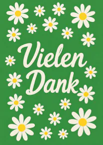 Grüne Karte mit cremefarbenem Schriftzug „Vielen Dank“, umgeben von weißen Gänseblümchen mit gelben Mittelpunkten.