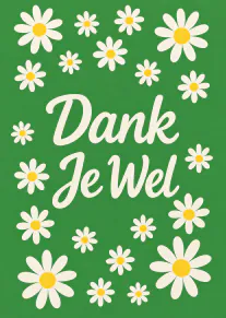 Groene kaart met witte margrieten en de tekst ‘Dank Je Wel’.