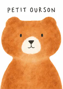 Carte blanche illustrée d’un petit ourson brun avec le texte « PETIT OURSON » en haut.