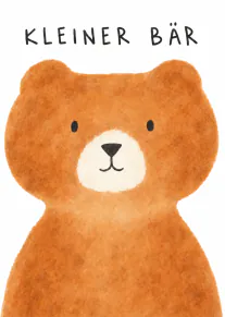 Weiße Karte mit der Aufschrift „KLEINER BÄR“ über einem großen braunen Aquarellbären.
