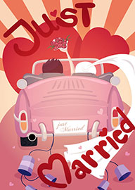 Just Married Couple Driving Away in Pink Car with Hearts