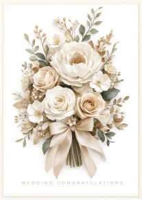 Cream floral bouquet with satin ribbon and wedding congratulations text on a white background card.