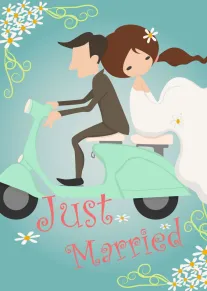 Just Married Couple Riding Mint Scooter with Floral Accents Card