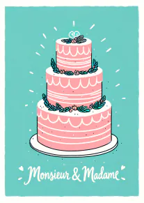 Carte turquoise avec un gâteau de mariage rose à trois étages et le texte « Monsieur & Madame » en blanc.