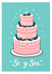 Tarjeta turquesa con una tarta de boda rosa de tres pisos y el texto «Sr. y Sra.»