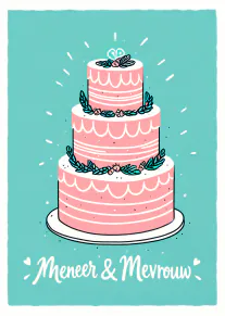 Turquoise kaart met een geïllustreerde roze bruidstaart en de tekst 'Meneer & Mevrouw'.