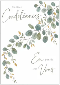 Carte blanche avec le message « Sincères Condoléances, En pensée avec Vous » et des branches de feuilles vertes aquarellées.