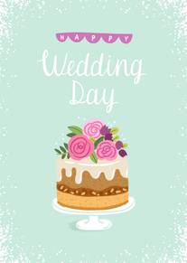 Happy Wedding Day Floral Cake Card on Mint Green Background