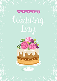 Happy Wedding Day Card with Floral Cake Illustration