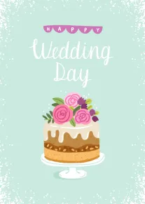 Mint green wedding card with Happy Wedding Day text and a floral cake illustration centered.