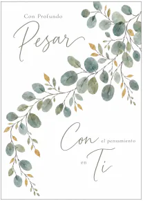 Tarjeta blanca de pésame con ramas de hojas verdes y doradas en acuarela y texto en español.