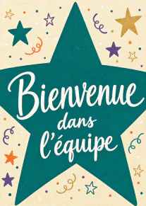 Carte beige ornée d’une grande étoile bleu sarcelle et du message « Bienvenue dans l’équipe ».