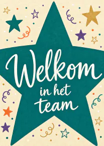 Crèmekleurige kaart met een grote groenblauwe ster, feestelijke stippen en de tekst ‘Welkom in het team’.