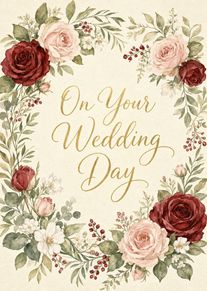Watercolor floral wreath surrounding gold script reading On Your Wedding Day on cream paper background.
