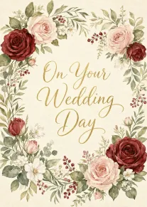 Watercolor floral wreath surrounding gold script reading On Your Wedding Day on cream paper background.