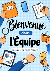 Carte illustrée bleue à carreaux avec le message « Bienvenue dans l’équipe » et des objets de bureau.