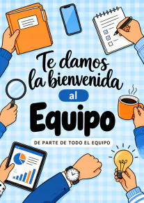 Tarjeta azul de bienvenida al equipo con útiles de oficina, café y el mensaje «Te damos la bienvenida al Equipo».