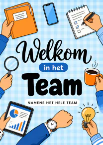 Geïllustreerde welkomstkaart met kantoorartikelen, koffie, lamp en de tekst ‘Welkom in het Team’.