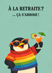 Carte turquoise montrant un pingouin en pull arc-en-ciel, lunettes orange et cocktail, avec un message humoristique sur la retraite.