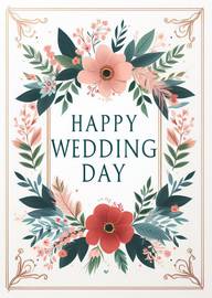 Elegant Floral Wedding Day Card with Gold Frame and Text
