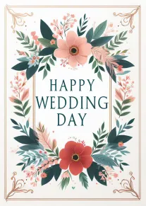 Elegant floral wedding card with pink blooms, green leaves, and Happy Wedding Day text centered.