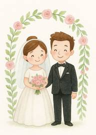 Watercolor Wedding Card with Bride and Groom Floral Arch