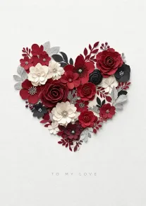 A red floral heart card with paper flowers and To My Love wording on white.