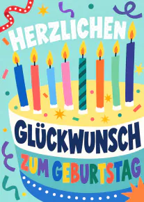 Bunte illustrierte Geburtstagstorte mit sieben brennenden Kerzen und dem Schriftzug „Herzlichen Glückwunsch zum Geburtstag“.