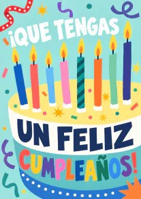 Tarjeta turquesa con una tarta de cumpleaños, ocho velas encendidas y confeti de colores.