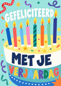 Kleurrijke verjaardagstaart met acht brandende kaarsjes, confetti en de tekst Gefeliciteerd met je verjaardag.