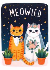 Cute Cat Couple Wedding Card with Meowied Text and Floral Details