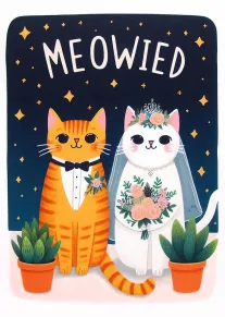 Cute cat bride and groom wedding card with meowied text, stars, flowers, and potted plants.