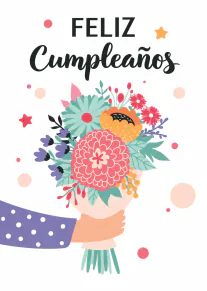 Tarjeta blanca con el texto «FELIZ Cumpleaños» y un ramo de flores coloridas sostenido por una mano.