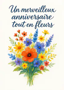 Carte blanche avec un bouquet de fleurs sauvages peintes à l’aquarelle et le message « Un merveilleux anniversaire tout en fleurs ».