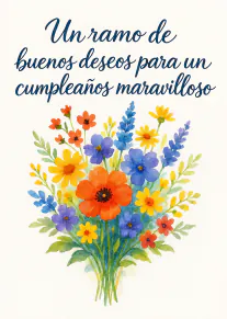 Tarjeta de cumpleaños con un colorido ramo de flores y mensaje en caligrafía azul.