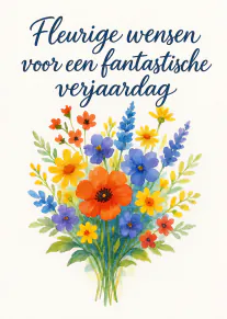Verjaardagskaart met blauwe handgeschreven tekst en een kleurrijk boeket aquarel bloemen.