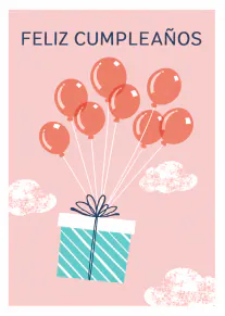 Tarjeta rosa con el texto «FELIZ CUMPLEAÑOS», globos coral sujetos a un regalo turquesa y nubes blancas.