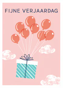 Roze verjaardagskaart met koraalkleurige ballonnen die uit een turquoise cadeau opstijgen.