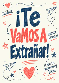 Tarjeta de despedida con el mensaje «¡Te VAMOS A Extrañar!», corazones rojos y aviones de papel azules.