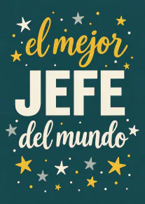 Tarjeta verde azulado con el mensaje «el mejor JEFE del mundo» en letras crema y doradas, rodeado de estrellas.