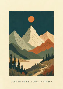 Carte illustrée d’un paysage de montagnes, lac et sapins sous un soleil orange, avec le texte « L’AVENTURE VOUS ATTEND ».