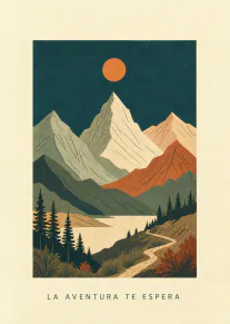 Tarjeta con ilustración vintage de montañas, lago, pinos, sendero y sol naranja, con el texto «LA AVENTURA TE ESPERA».