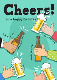 Cheers Happy Birthday Card with Beer Mugs and Hands Toasting