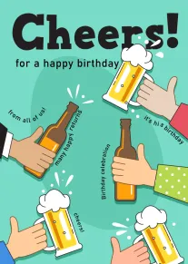 Cheering hands with beer mugs and birthday wording on a teal celebratory card design today.