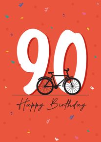 Orange 90th birthday card with bicycle illustration, confetti, and Happy Birthday text in black script.