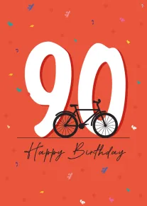 Orange 90th birthday card with bicycle illustration, confetti, and Happy Birthday text in black script.