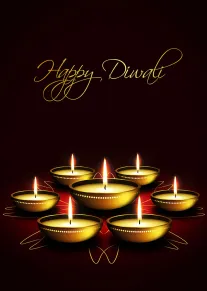 Gold Happy Diwali lettering glows above six lit diyas on a deep maroon background card.