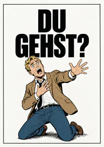Retro-Comicillustration eines erschrockenen Mannes unter dem Schriftzug „DU GEHST?“